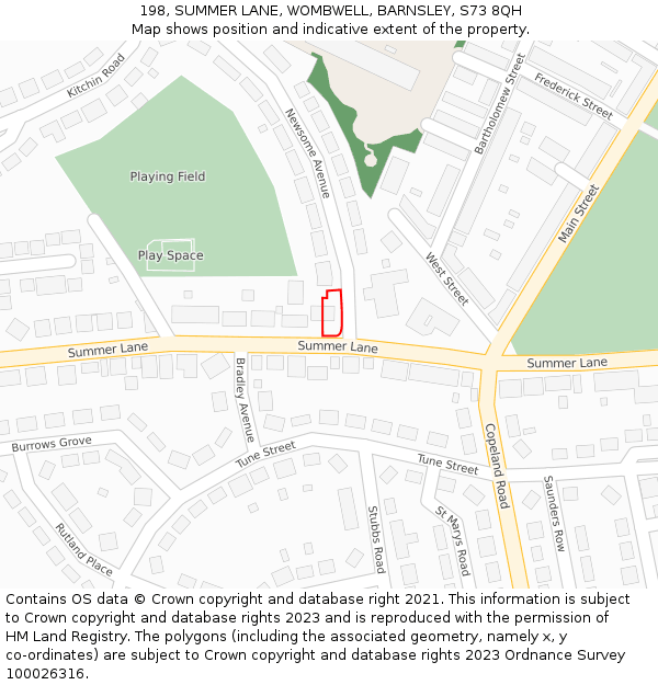 198, SUMMER LANE, WOMBWELL, BARNSLEY, S73 8QH: Location map and indicative extent of plot