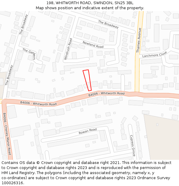 198, WHITWORTH ROAD, SWINDON, SN25 3BL: Location map and indicative extent of plot