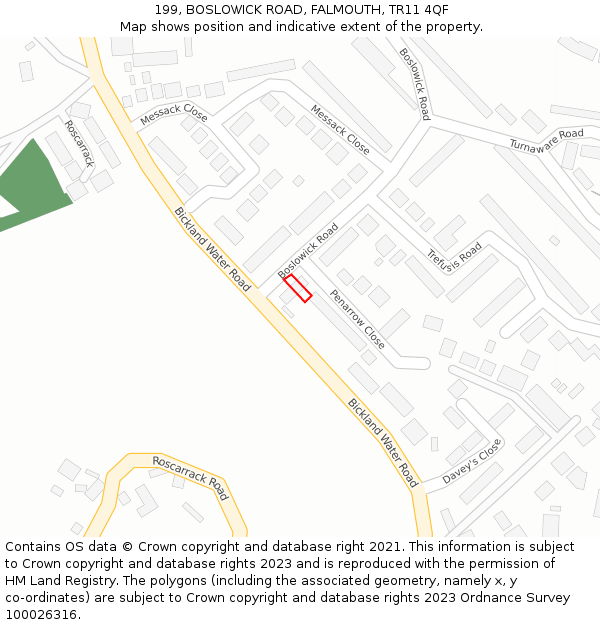 199, BOSLOWICK ROAD, FALMOUTH, TR11 4QF: Location map and indicative extent of plot