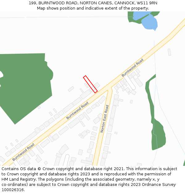 199, BURNTWOOD ROAD, NORTON CANES, CANNOCK, WS11 9RN: Location map and indicative extent of plot