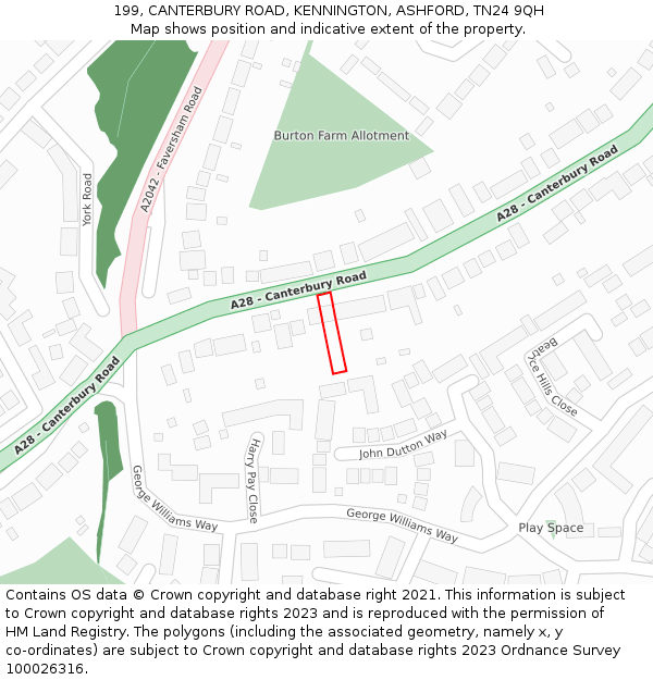 199, CANTERBURY ROAD, KENNINGTON, ASHFORD, TN24 9QH: Location map and indicative extent of plot