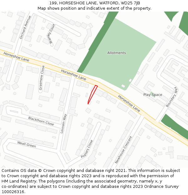 199, HORSESHOE LANE, WATFORD, WD25 7JB: Location map and indicative extent of plot