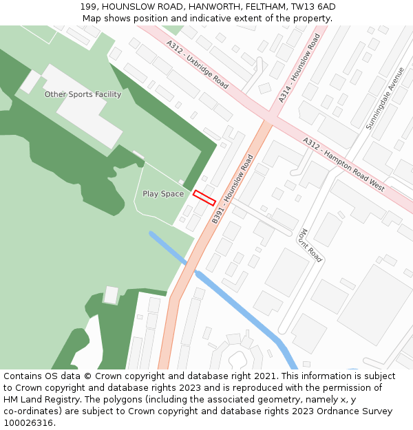 199, HOUNSLOW ROAD, HANWORTH, FELTHAM, TW13 6AD: Location map and indicative extent of plot