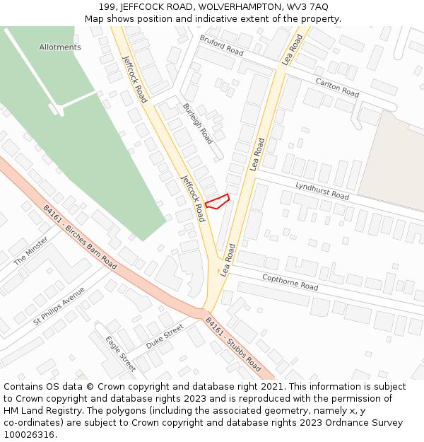 199, JEFFCOCK ROAD, WOLVERHAMPTON, WV3 7AQ: Location map and indicative extent of plot