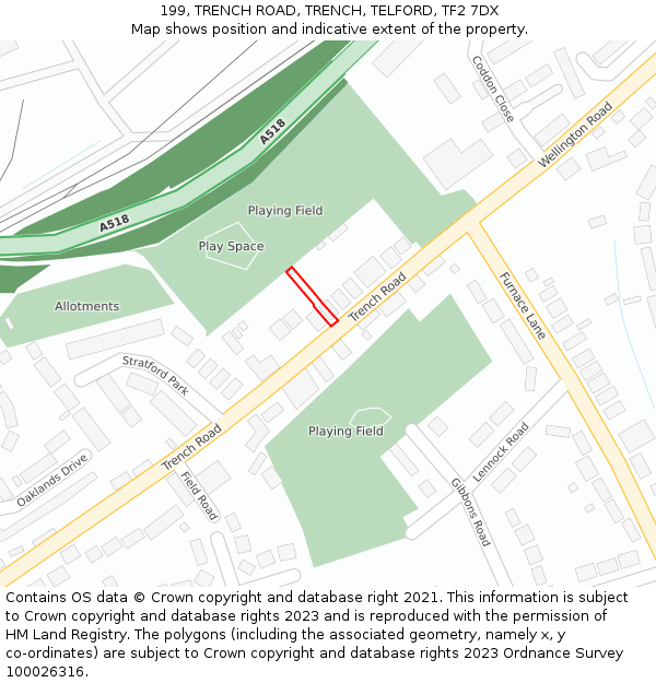 199, TRENCH ROAD, TRENCH, TELFORD, TF2 7DX: Location map and indicative extent of plot