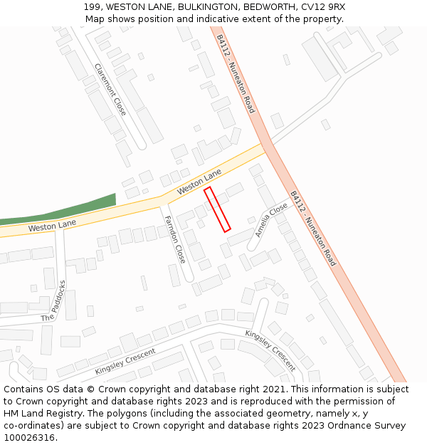 199, WESTON LANE, BULKINGTON, BEDWORTH, CV12 9RX: Location map and indicative extent of plot