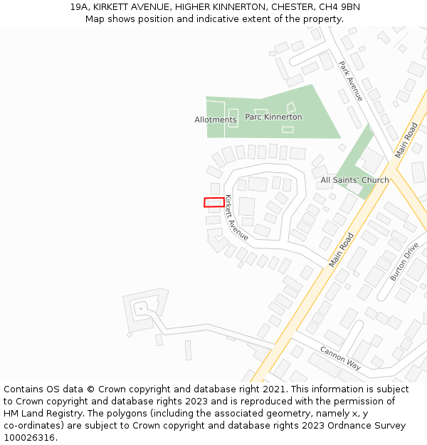 19A, KIRKETT AVENUE, HIGHER KINNERTON, CHESTER, CH4 9BN: Location map and indicative extent of plot