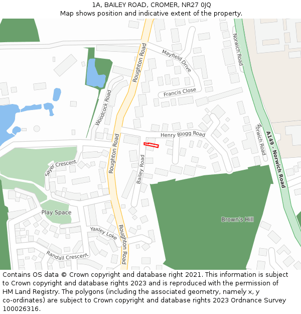 1A, BAILEY ROAD, CROMER, NR27 0JQ: Location map and indicative extent of plot