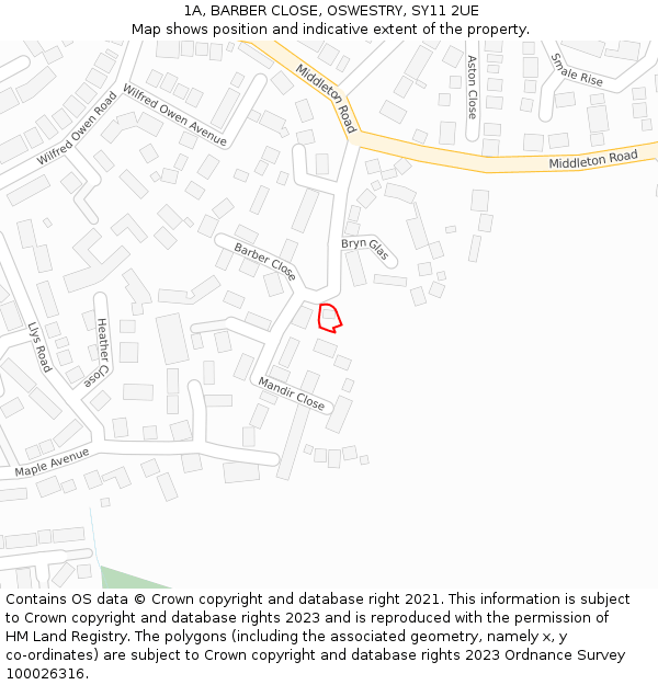 1A, BARBER CLOSE, OSWESTRY, SY11 2UE: Location map and indicative extent of plot