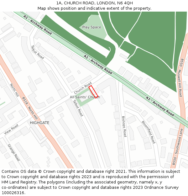 1A, CHURCH ROAD, LONDON, N6 4QH: Location map and indicative extent of plot