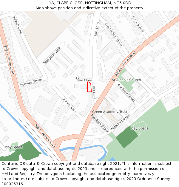 1A, CLARE CLOSE, NOTTINGHAM, NG6 0DD: Location map and indicative extent of plot