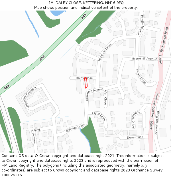 1A, DALBY CLOSE, KETTERING, NN16 9FQ: Location map and indicative extent of plot