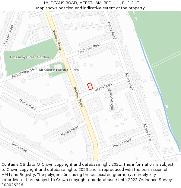 1A, DEANS ROAD, MERSTHAM, REDHILL, RH1 3HE: Location map and indicative extent of plot