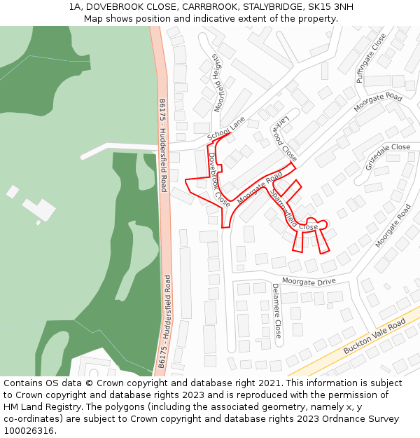 1A, DOVEBROOK CLOSE, CARRBROOK, STALYBRIDGE, SK15 3NH: Location map and indicative extent of plot