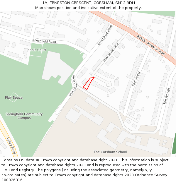 1A, ERNESTON CRESCENT, CORSHAM, SN13 9DH: Location map and indicative extent of plot