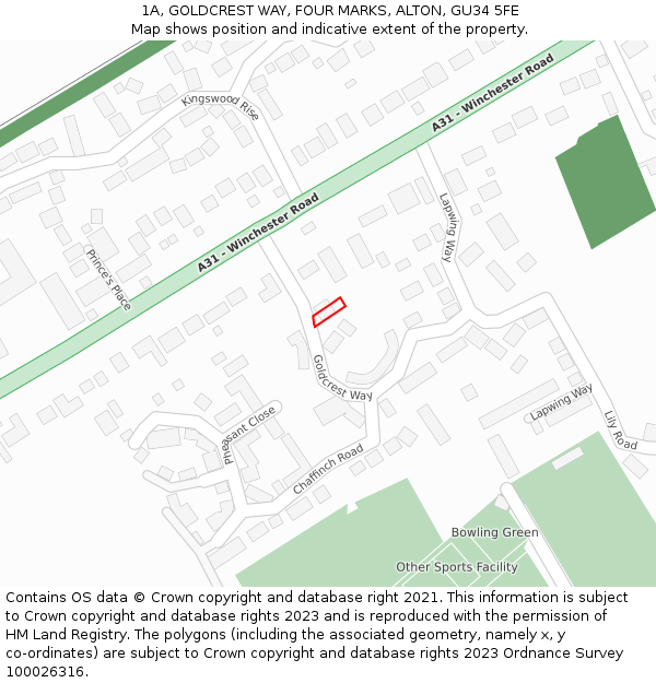 1A, GOLDCREST WAY, FOUR MARKS, ALTON, GU34 5FE: Location map and indicative extent of plot