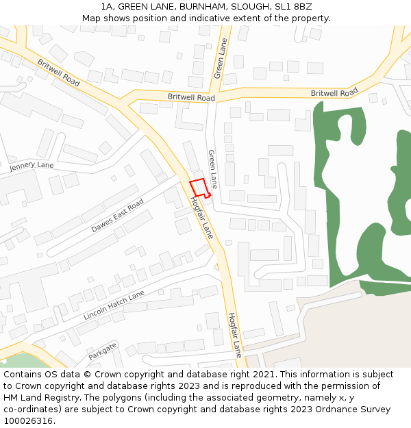 1A, GREEN LANE, BURNHAM, SLOUGH, SL1 8BZ: Location map and indicative extent of plot