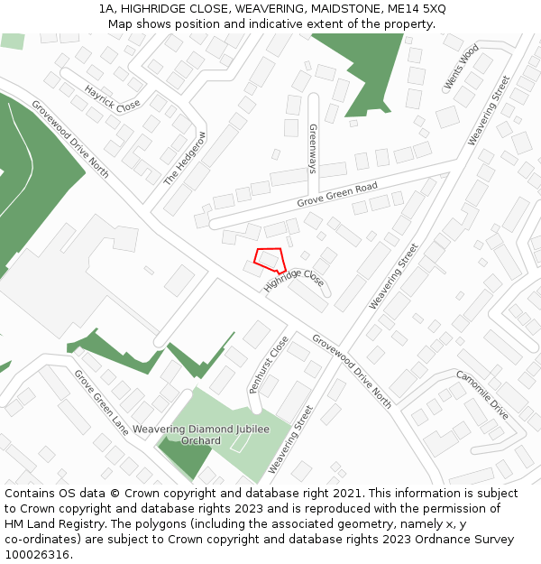 1A, HIGHRIDGE CLOSE, WEAVERING, MAIDSTONE, ME14 5XQ: Location map and indicative extent of plot