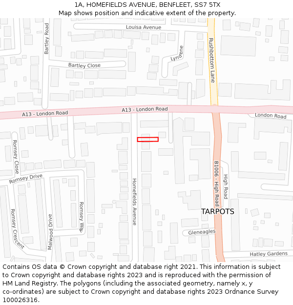 1A, HOMEFIELDS AVENUE, BENFLEET, SS7 5TX: Location map and indicative extent of plot