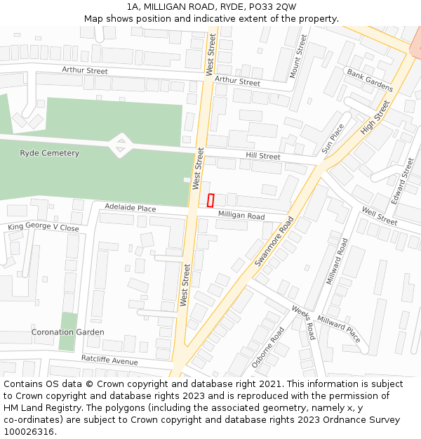 1A, MILLIGAN ROAD, RYDE, PO33 2QW: Location map and indicative extent of plot