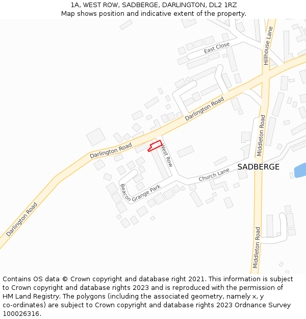 1A, WEST ROW, SADBERGE, DARLINGTON, DL2 1RZ: Location map and indicative extent of plot