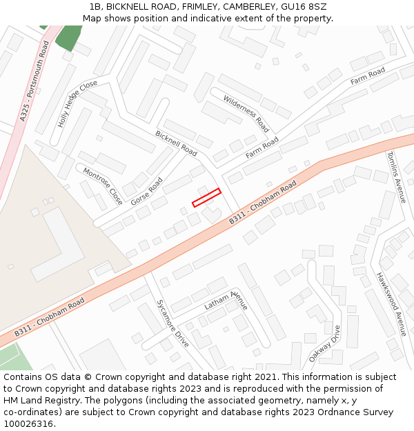 1B, BICKNELL ROAD, FRIMLEY, CAMBERLEY, GU16 8SZ: Location map and indicative extent of plot