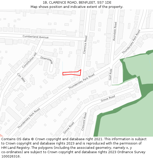 1B, CLARENCE ROAD, BENFLEET, SS7 1DE: Location map and indicative extent of plot