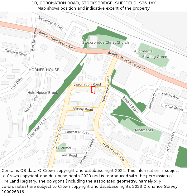 1B, CORONATION ROAD, STOCKSBRIDGE, SHEFFIELD, S36 1AX: Location map and indicative extent of plot
