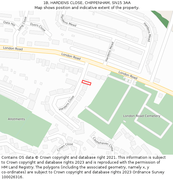 1B, HARDENS CLOSE, CHIPPENHAM, SN15 3AA: Location map and indicative extent of plot