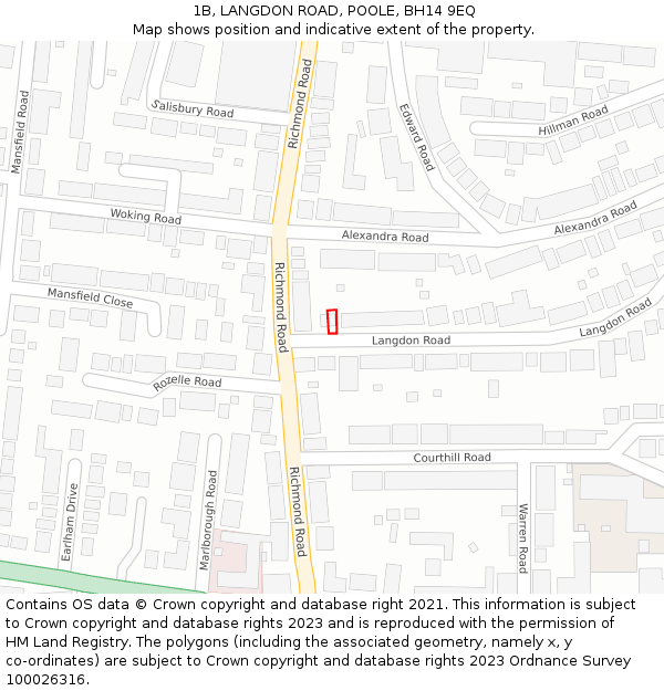 1B, LANGDON ROAD, POOLE, BH14 9EQ: Location map and indicative extent of plot