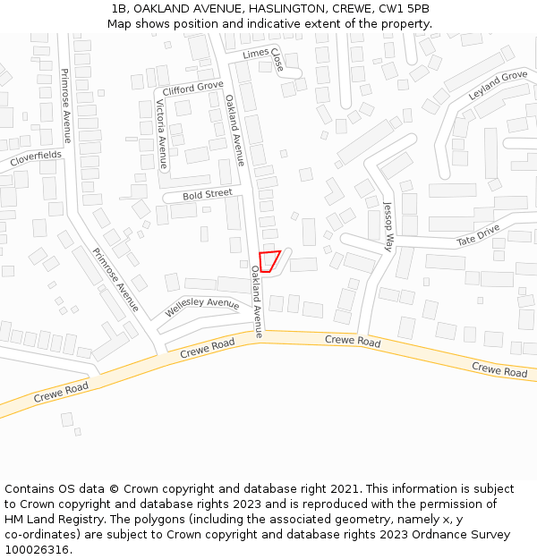 1B, OAKLAND AVENUE, HASLINGTON, CREWE, CW1 5PB: Location map and indicative extent of plot