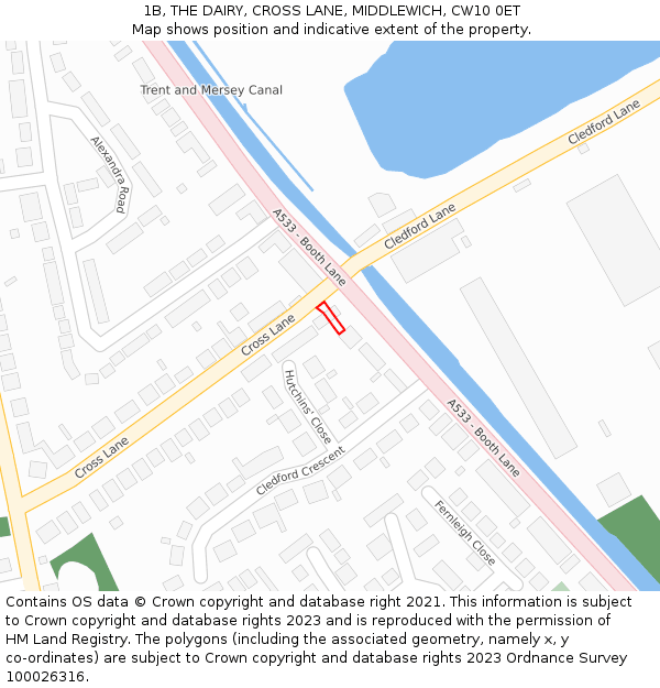 1B, THE DAIRY, CROSS LANE, MIDDLEWICH, CW10 0ET: Location map and indicative extent of plot