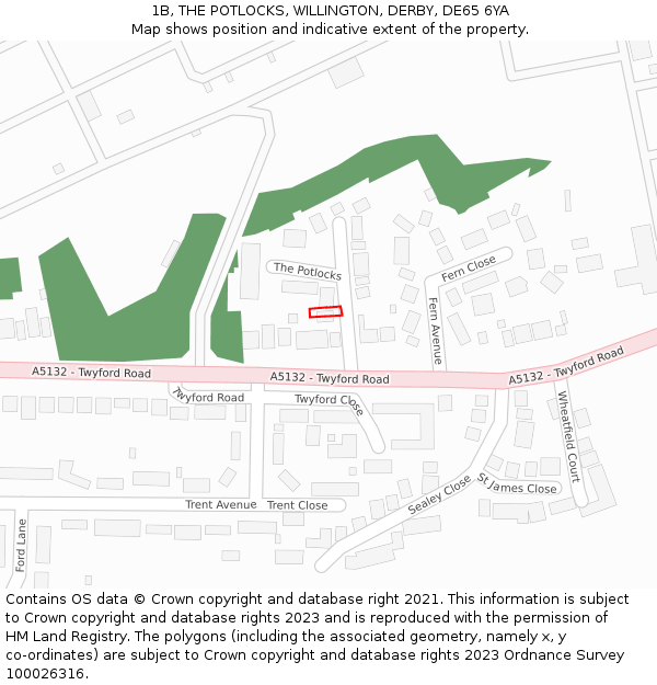 1B, THE POTLOCKS, WILLINGTON, DERBY, DE65 6YA: Location map and indicative extent of plot