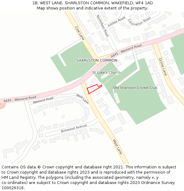 1B, WEST LANE, SHARLSTON COMMON, WAKEFIELD, WF4 1AD: Location map and indicative extent of plot