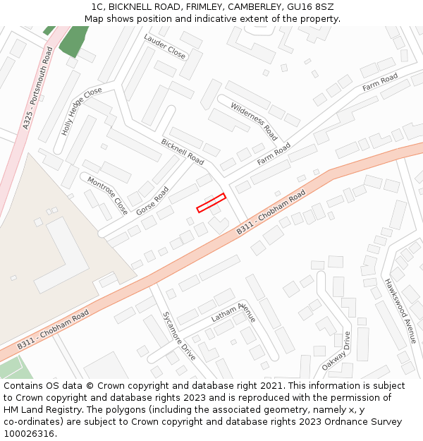1C, BICKNELL ROAD, FRIMLEY, CAMBERLEY, GU16 8SZ: Location map and indicative extent of plot