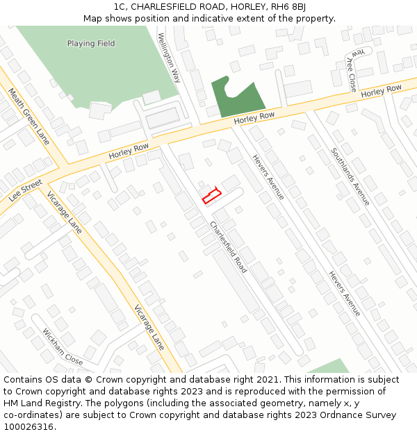 1C, CHARLESFIELD ROAD, HORLEY, RH6 8BJ: Location map and indicative extent of plot