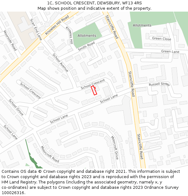 1C, SCHOOL CRESCENT, DEWSBURY, WF13 4RS: Location map and indicative extent of plot