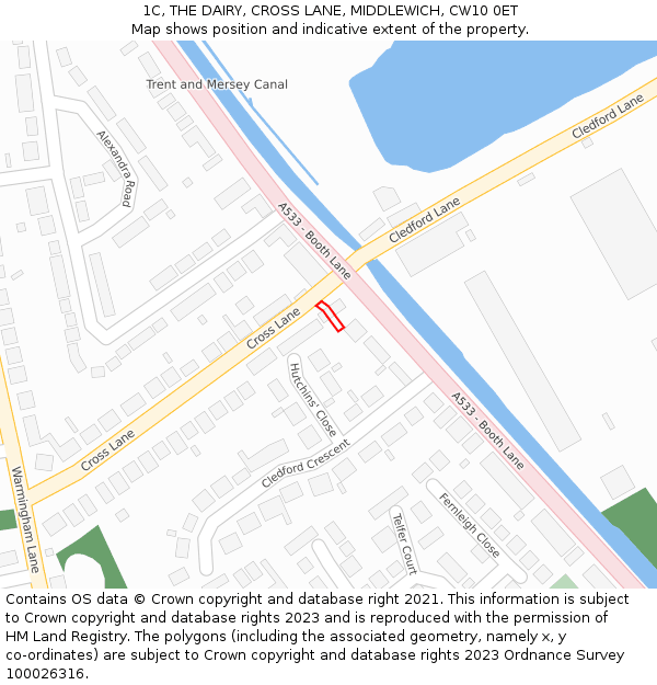 1C, THE DAIRY, CROSS LANE, MIDDLEWICH, CW10 0ET: Location map and indicative extent of plot