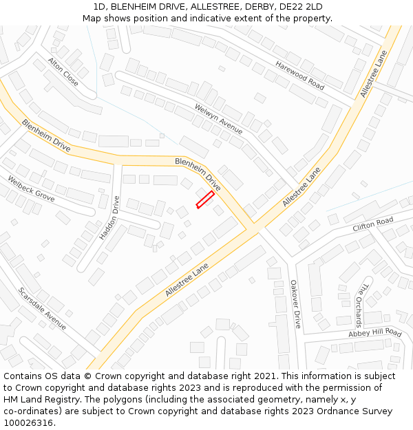 1D, BLENHEIM DRIVE, ALLESTREE, DERBY, DE22 2LD: Location map and indicative extent of plot