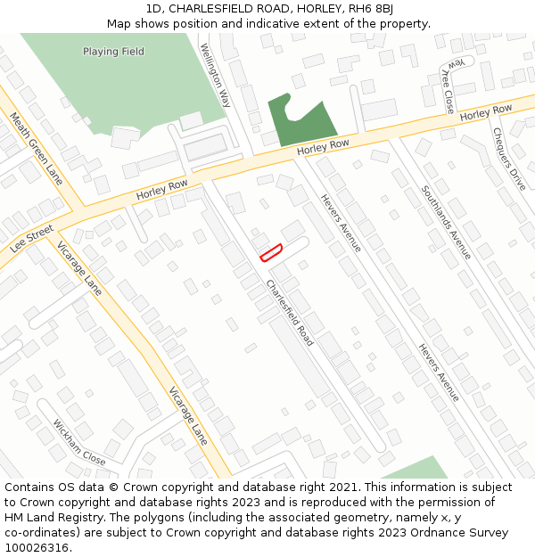 1D, CHARLESFIELD ROAD, HORLEY, RH6 8BJ: Location map and indicative extent of plot