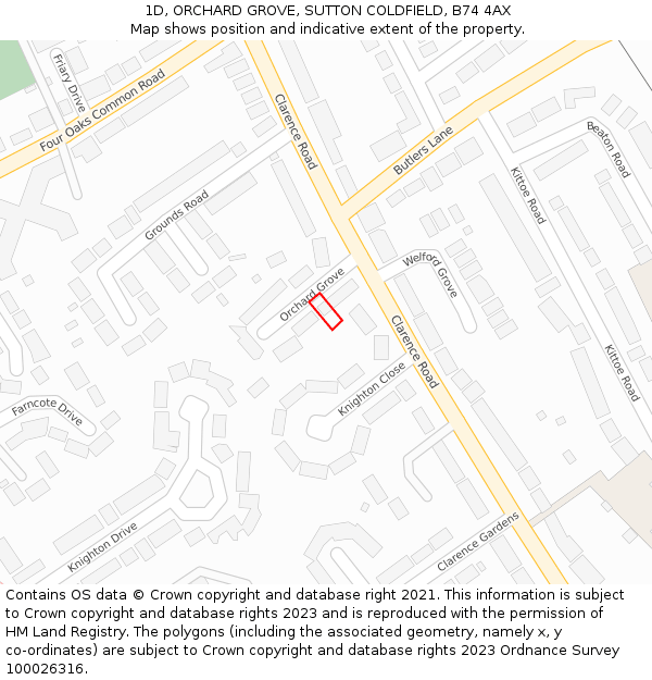 1D, ORCHARD GROVE, SUTTON COLDFIELD, B74 4AX: Location map and indicative extent of plot