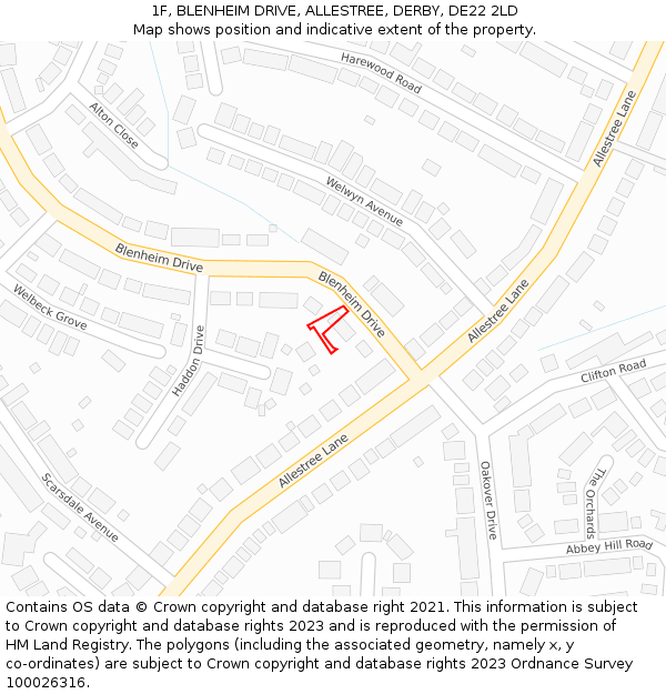 1F, BLENHEIM DRIVE, ALLESTREE, DERBY, DE22 2LD: Location map and indicative extent of plot