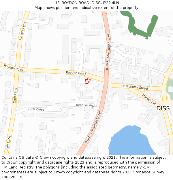 1F, ROYDON ROAD, DISS, IP22 4LN: Location map and indicative extent of plot