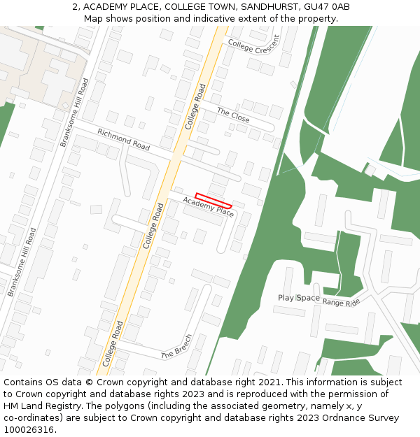 2, ACADEMY PLACE, COLLEGE TOWN, SANDHURST, GU47 0AB: Location map and indicative extent of plot