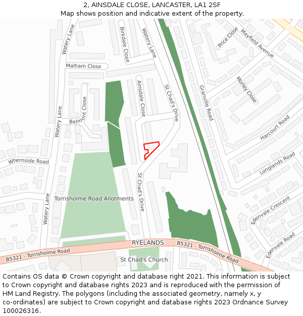 2, AINSDALE CLOSE, LANCASTER, LA1 2SF: Location map and indicative extent of plot