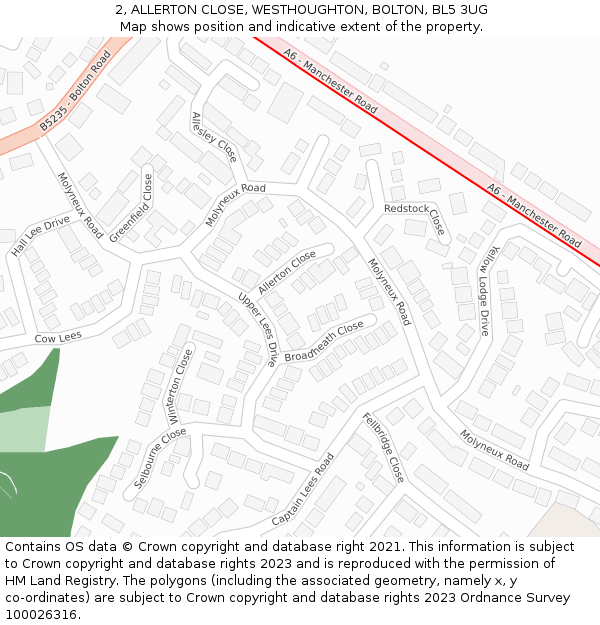 2, ALLERTON CLOSE, WESTHOUGHTON, BOLTON, BL5 3UG: Location map and indicative extent of plot