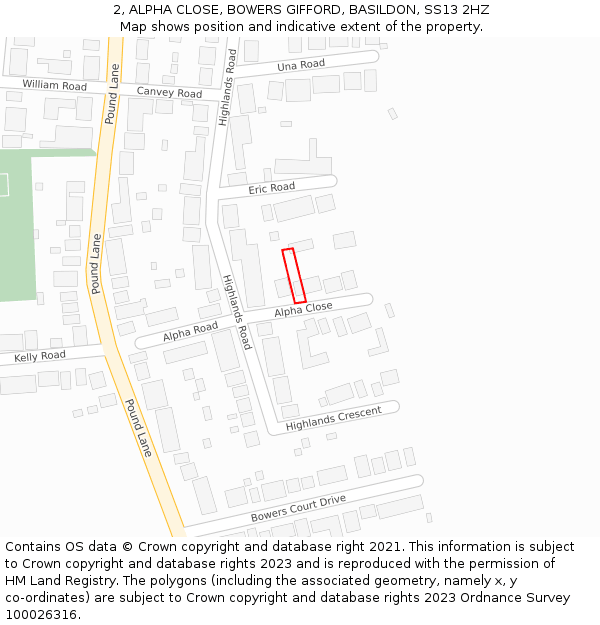 2, ALPHA CLOSE, BOWERS GIFFORD, BASILDON, SS13 2HZ: Location map and indicative extent of plot