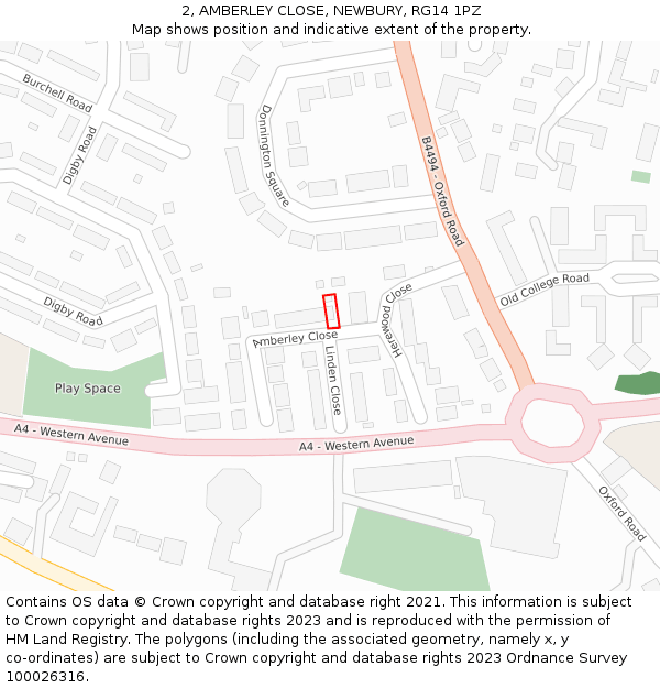 2, AMBERLEY CLOSE, NEWBURY, RG14 1PZ: Location map and indicative extent of plot