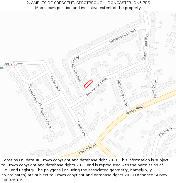 2, AMBLESIDE CRESCENT, SPROTBROUGH, DONCASTER, DN5 7PS: Location map and indicative extent of plot