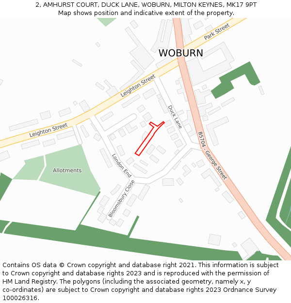 2, AMHURST COURT, DUCK LANE, WOBURN, MILTON KEYNES, MK17 9PT: Location map and indicative extent of plot